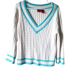 Womens sweater white blue Mossimo casual cable knit V-neck long sleeve size XL